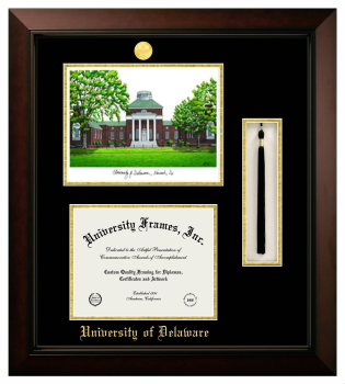 University of Delaware Double Opening with Campus Image & Tassel Box (Stacked) Frame in Legacy Black Cherry with Black & Gold Mats for document: 8 1/2"h x 11"w  