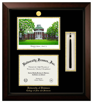 University of Delaware College of Arts and Sciences Double Opening with Campus Image & Tassel Box (Stacked) Frame in Legacy Black Cherry with Black & Gold Mats for document: 8 1/2"h x 11"w  