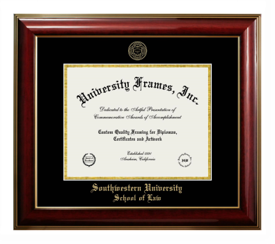 Southwestern University School of Law Diploma Frame in Classic Mahogany with Gold Trim with Black & Gold Mats for document: 8 1/2"h x 11"w  