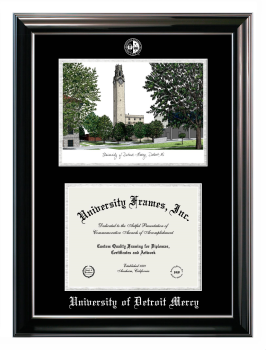 University of Detroit Mercy Double Opening with Campus Image (Stacked) Frame in Classic Ebony with Silver Trim with Black & Silver Mats for document: 8 1/2"h x 11"w  