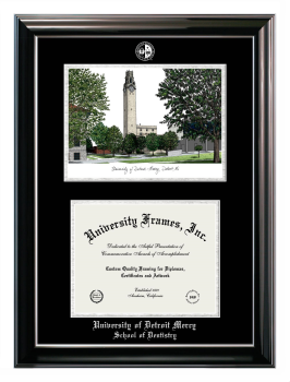 University of Detroit Mercy School of Dentistry Double Opening with Campus Image (Stacked) Frame in Classic Ebony with Silver Trim with Black & Silver Mats for document: 8 1/2"h x 11"w  