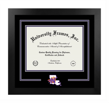 Northwestern State University Logo Mat Frame in Manhattan Black with Black & Purple Mats for document: 8 1/2"h x 11"w  