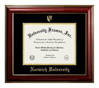 Norwich University Diploma Frame in Classic Mahogany with Gold Trim with Black & Gold Mats for document: 8 1/2"h x 11"w  