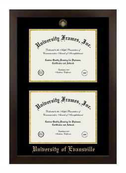 University of Evansville Double Diploma Frame in Manhattan Espresso with Black & Gold Mats for document: 8 1/2"h x 11"w  , document: 8 1/2"h x 11"w  