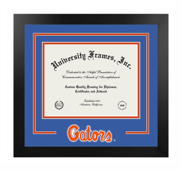 University of Florida College of Design, Construction and Planning Logo Mat Frame in Manhattan Black with Royal Blue & Orange Mats for document: 8 1/2"h x 11"w  
