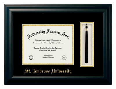 St. Ambrose University Diploma with Tassel Box Frame in Satin Black with Black & Gold Mats for document: 8 1/2"h x 11"w  