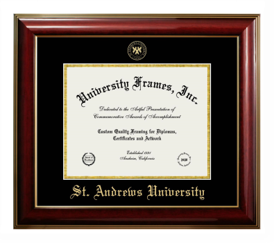 St. Andrews University Diploma Frame in Classic Mahogany with Gold Trim with Black & Gold Mats for document: 8 1/2"h x 11"w  
