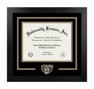 Oakland University Logo Mat Frame in Manhattan Black with Black & Bronze Mats for document: 8 1/2"h x 11"w  