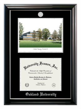 Oakland University Double Opening with Campus Image (Stacked) Frame in Classic Ebony with Silver Trim with Black & Silver Mats for document: 8 1/2"h x 11"w  