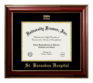 St. Barnabas Hospital Diploma Frame in Classic Mahogany with Gold Trim with Black & Gold Mats for document: 8 1/2"h x 11"w  