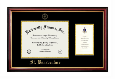 St. Bonaventure University Diploma with Announcement Frame in Petite Mahogany with Gold Trim with Black & Gold Mats for document: 8 1/2"h x 11"w  , diploma: 7"h x 4"w  