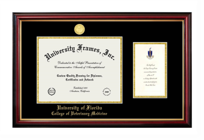 University of Florida College of Veterinary Medicine Diploma with Announcement Frame in Petite Mahogany with Gold Trim with Black & Gold Mats for document: 8 1/2"h x 11"w  , diploma: 7"h x 4"w  