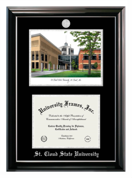 St. Cloud State University Double Opening with Campus Image (Stacked) Frame in Classic Ebony with Silver Trim with Black & Silver Mats for document: 8 1/2"h x 11"w  
