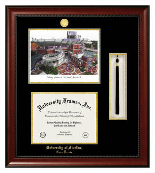 University of Florida Cum Laude Double Opening with Campus Image & Tassel Box (Stacked) Frame in Avalon Mahogany with Black & Gold Mats for document: 8 1/2"h x 11"w  