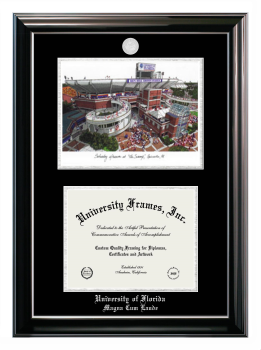 University of Florida Magna Cum Laude Double Opening with Campus Image (Stacked) Frame in Classic Ebony with Silver Trim with Black & Silver Mats for document: 8 1/2"h x 11"w  