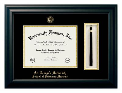 St. George's University School of Veterinary Medicine Diploma with Tassel Box Frame in Satin Black with Black & Gold Mats for document: 8 1/2"h x 11"w  
