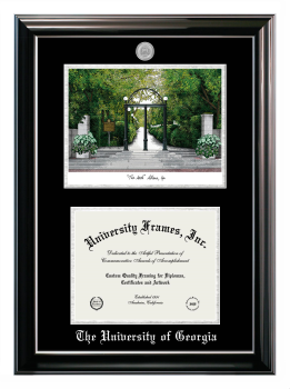 The University of Georgia Double Opening with Campus Image (Stacked) Frame in Classic Ebony with Silver Trim with Black & Silver Mats for document: 8 1/2"h x 11"w  