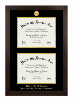 The University of Georgia Franklin College of Arts and Sciences Double Diploma Frame in Manhattan Espresso with Black & Gold Mats for document: 8 1/2"h x 11"w  , document: 8 1/2"h x 11"w  