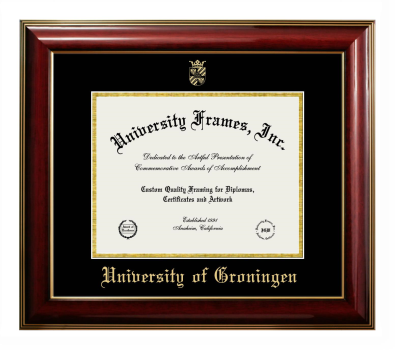 University of Groningen Diploma Frame in Classic Mahogany with Gold Trim with Black & Gold Mats for document: 8 1/2"h x 11"w  