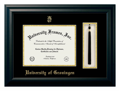 University of Groningen Diploma with Tassel Box Frame in Satin Black with Black & Gold Mats for document: 8 1/2"h x 11"w  
