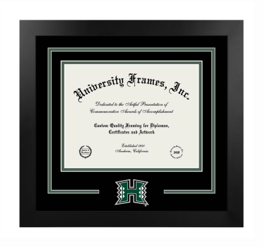 University of Hawaii Logo Mat Frame in Manhattan Black with Black & Forest Green Mats for document: 8 1/2"h x 11"w  