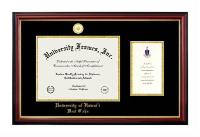 University of Hawaii - West Oahu Diploma with Announcement Frame in Petite Mahogany with Gold Trim with Black & Gold Mats for document: 8 1/2"h x 11"w  , diploma: 7"h x 4"w  