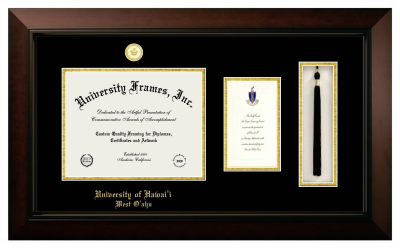 University of Hawaii - West Oahu Diploma with Announcement & Tassel Box Frame in Legacy Black Cherry with Black & Gold Mats for document: 8 1/2"h x 11"w  , diploma: 7"h x 4"w  
