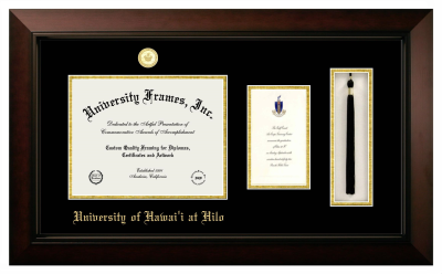 University of Hawaii at Hilo Diploma with Announcement & Tassel Box Frame in Legacy Black Cherry with Black & Gold Mats for document: 8 1/2"h x 11"w  , diploma: 7"h x 4"w  