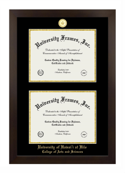 University of Hawaii at Hilo College of Arts and Sciences Double Diploma Frame in Manhattan Espresso with Black & Gold Mats for document: 8 1/2"h x 11"w  , document: 8 1/2"h x 11"w  