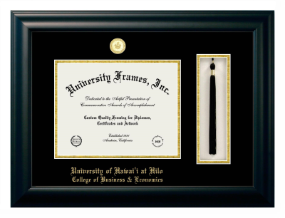 University of Hawaii at Hilo College of Business & Economics Diploma with Tassel Box Frame in Satin Black with Black & Gold Mats for document: 8 1/2"h x 11"w  