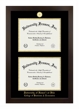 University of Hawaii at Hilo College of Business & Economics Double Diploma Frame in Manhattan Espresso with Black & Gold Mats for document: 8 1/2"h x 11"w  , document: 8 1/2"h x 11"w  