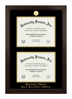 University of Hawaii John A. Burns School of Medicine Double Diploma Frame in Manhattan Espresso with Black & Gold Mats for document: 8 1/2"h x 11"w  , document: 8 1/2"h x 11"w  
