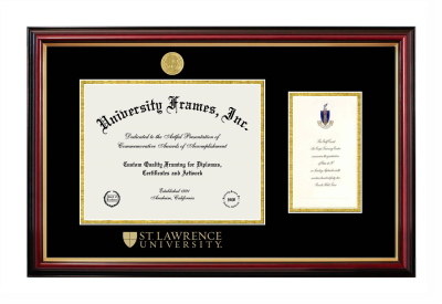 St. Lawrence University Diploma with Announcement Frame in Petite Mahogany with Gold Trim with Black & Gold Mats for document: 8 1/2"h x 11"w  , diploma: 7"h x 4"w  