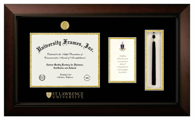 St. Lawrence University Diploma with Announcement & Tassel Box Frame in Legacy Black Cherry with Black & Gold Mats for document: 8 1/2"h x 11"w  , diploma: 7"h x 4"w  