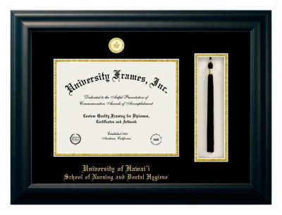 University of Hawaii School of Nursing and Dental Hygiene Diploma with Tassel Box Frame in Satin Black with Black & Gold Mats for document: 8 1/2"h x 11"w  