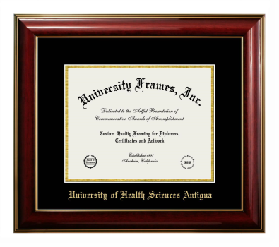 University of Health Sciences Antigua Diploma Frame in Classic Mahogany with Gold Trim with Black & Gold Mats for document: 8 1/2"h x 11"w  