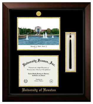 University of Houston Double Opening with Campus Image & Tassel Box (Stacked) Frame in Legacy Black Cherry with Black & Gold Mats for document: 8 1/2"h x 11"w  