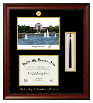 University of Houston - Victoria Double Opening with Campus Image & Tassel Box (Stacked) Frame in Avalon Mahogany with Black & Gold Mats for document: 8 1/2"h x 11"w  