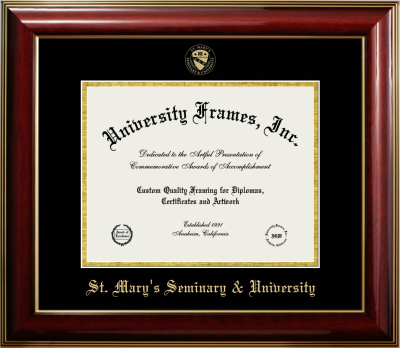 St. Mary’s Seminary & University Diploma Frame in Classic Mahogany with Gold Trim with Black & Gold Mats for document: 8 1/2"h x 11"w  