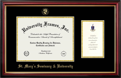 St. Mary’s Seminary & University Diploma with Announcement Frame in Petite Mahogany with Gold Trim with Black & Gold Mats for document: 8 1/2"h x 11"w  , diploma: 7"h x 4"w  