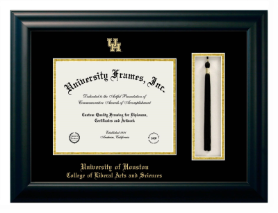 University of Houston College of Liberal Arts and Sciences Diploma with Tassel Box Frame in Satin Black with Black & Gold Mats for document: 8 1/2"h x 11"w  