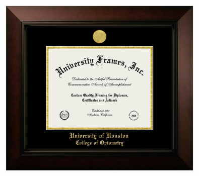 University of Houston College of Optometry Diploma Frame in Legacy Black Cherry with Black & Gold Mats for document: 8 1/2"h x 11"w  
