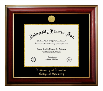 University of Houston College of Optometry Diploma Frame in Classic Mahogany with Gold Trim with Black & Gold Mats for document: 8 1/2"h x 11"w  