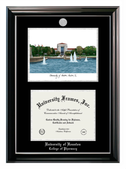 University of Houston College of Pharmacy Double Opening with Campus Image (Stacked) Frame in Classic Ebony with Silver Trim with Black & Silver Mats for document: 8 1/2"h x 11"w  