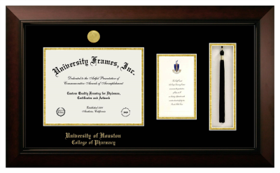 University of Houston College of Pharmacy Diploma with Announcement & Tassel Box Frame in Legacy Black Cherry with Black & Gold Mats for document: 8 1/2"h x 11"w  , diploma: 7"h x 4"w  