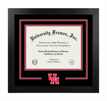 University of Houston Conrad N. Hilton College of Hotel and Restaurant Management Logo Mat Frame in Manhattan Black with Black & Red Mats for document: 8 1/2"h x 11"w  