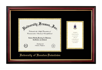 University of Houston Downtown Diploma with Announcement Frame in Petite Mahogany with Gold Trim with Black & Gold Mats for document: 8 1/2"h x 11"w  , diploma: 7"h x 4"w  