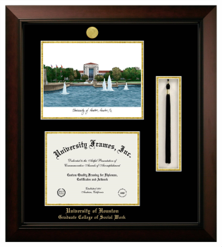 University of Houston Graduate College of Social Work Double Opening with Campus Image & Tassel Box (Stacked) Frame in Legacy Black Cherry with Black & Gold Mats for document: 8 1/2"h x 11"w  