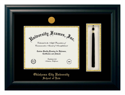 Oklahoma City University School of Law Diploma with Tassel Box Frame in Satin Black with Black & Gold Mats for document: 8 1/2"h x 11"w  