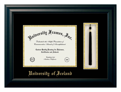 University of Iceland Diploma with Tassel Box Frame in Satin Black with Black & Gold Mats for document: 8 1/2"h x 11"w  